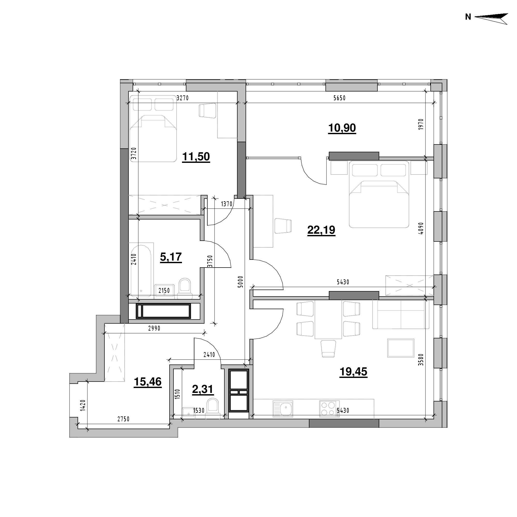 ЖК Nordica Residence: планування 2-кімнатної квартири, №187, 86 м<sup>2</sup>