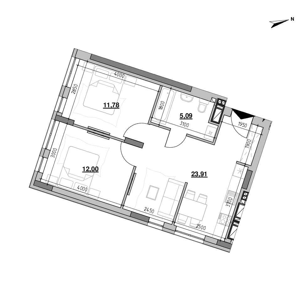 ЖК Велика Британія: планировка 2-комнатного жилья, №123, 52.78 м<sup>2</sup>