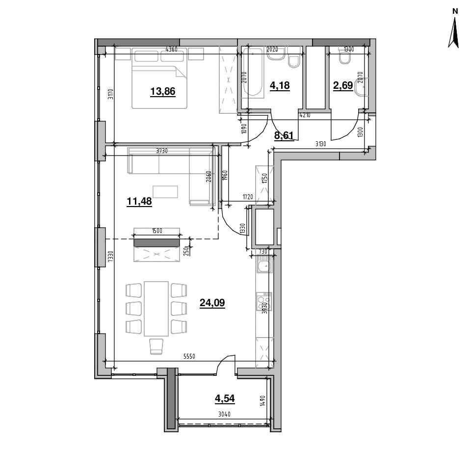 ЖК Nordica Residence: планировка 1-комнатной квартиры, №123, 69.45 м<sup>2</sup>