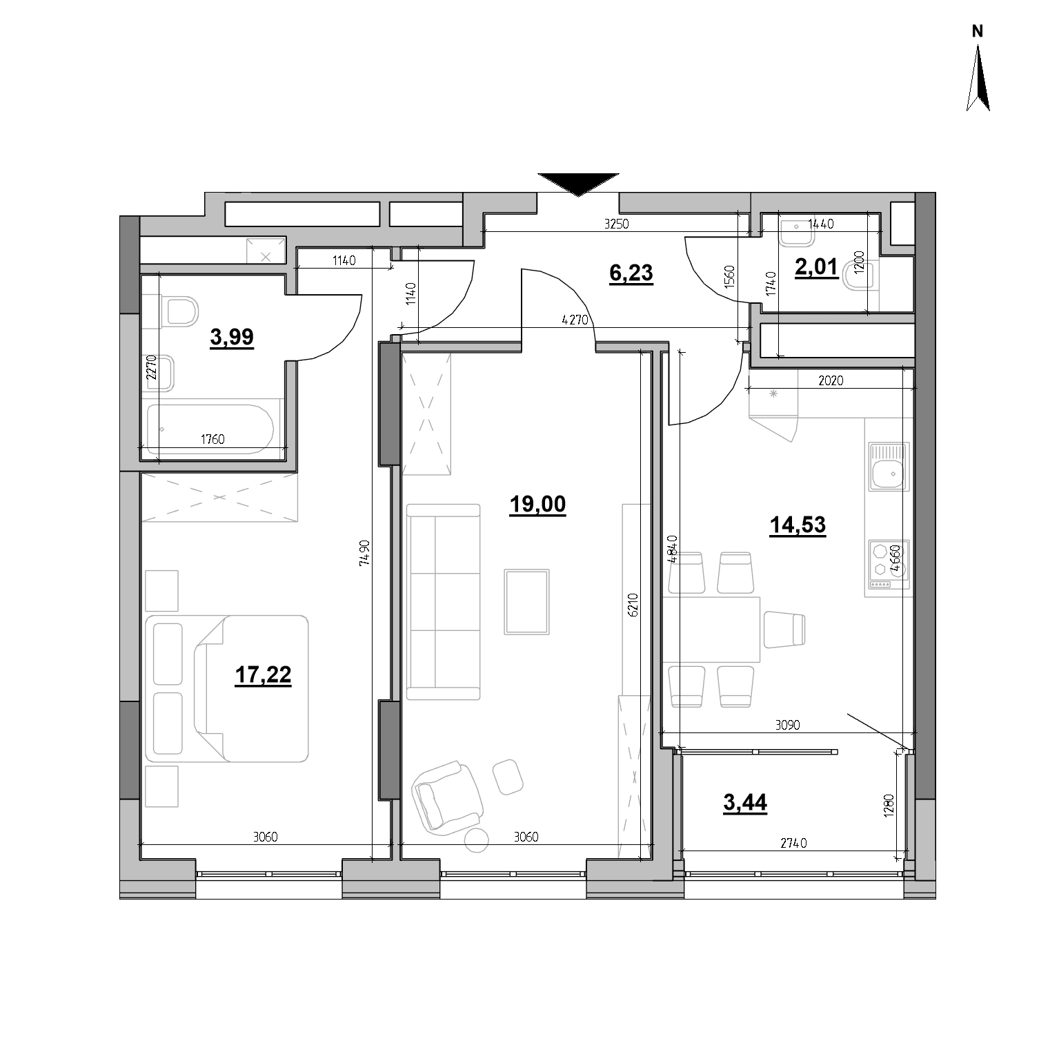 ЖК Nordica Residence: планировка 2-комнатного жилья, №82, 66.42 м<sup>2</sup>