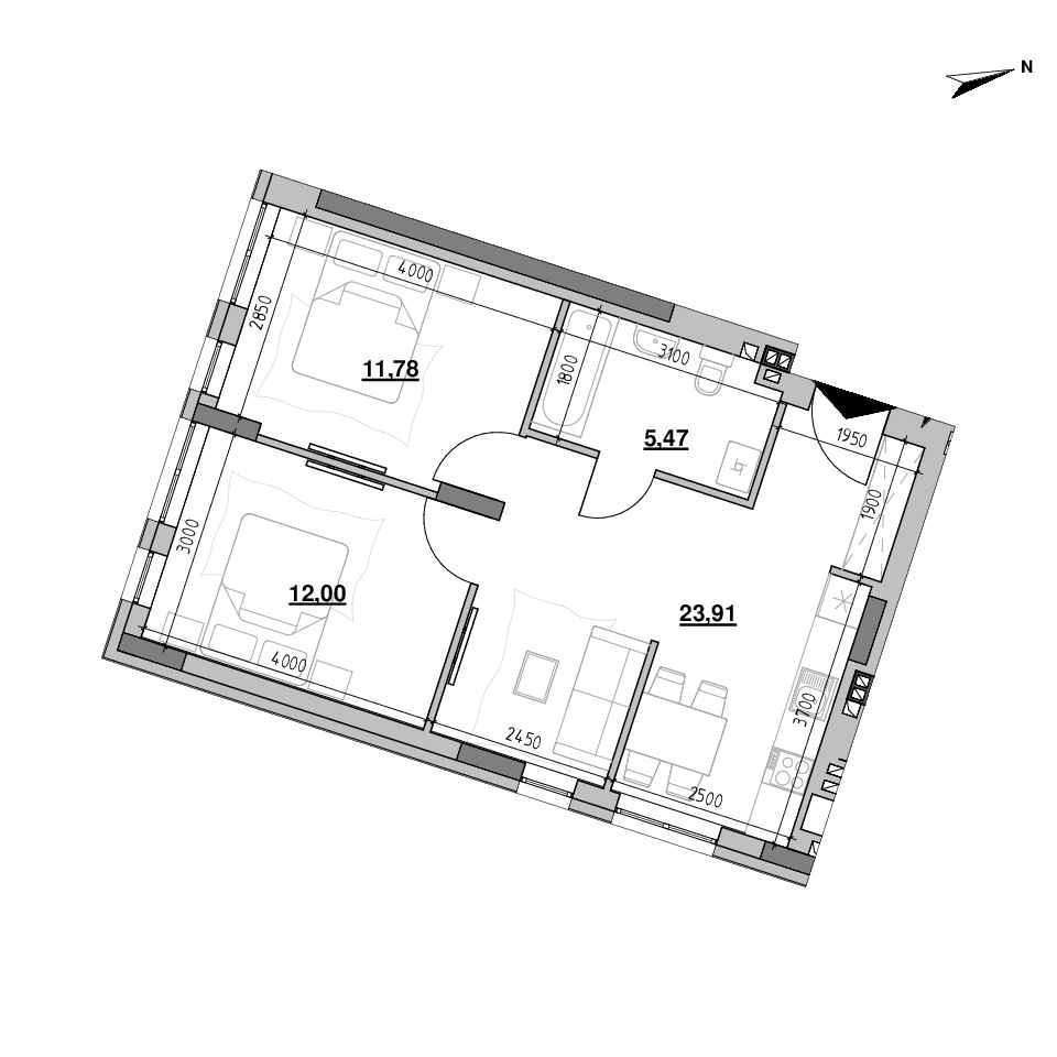 RC Velyka Brytaniya: planning 2-bedroom apartment, №3, 53.16 m<sup>2</sup>