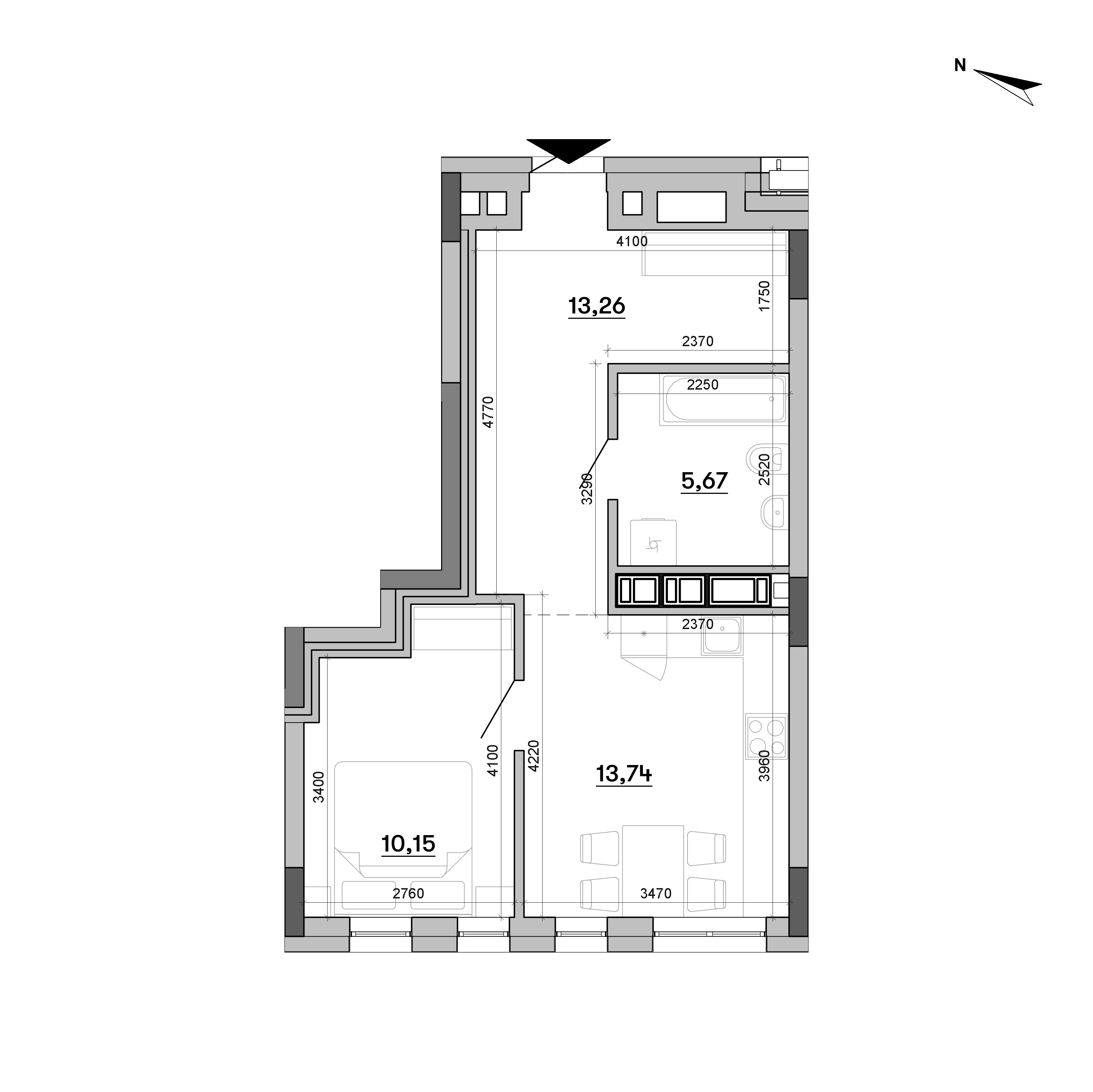 ЖК BigBen: планування 1-кімнатного помешкання, №711, 42.82 м<sup>2</sup>
